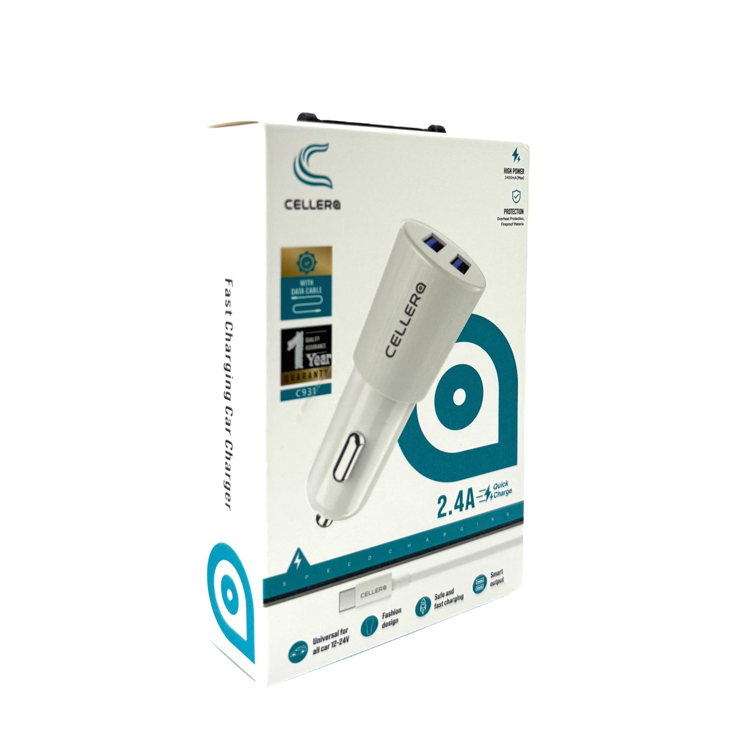 מטען רכב CELLERA 12W USB X2 כולל כבל (iPhone / Type-C)