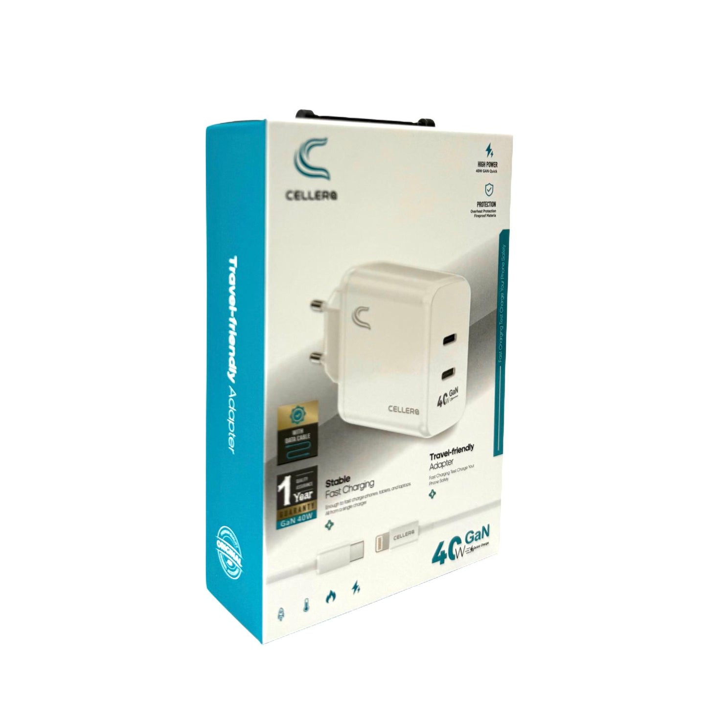 מטען קיר CELLERA GaN 40W PD+PD כולל כבל (iPhone / Type-C)