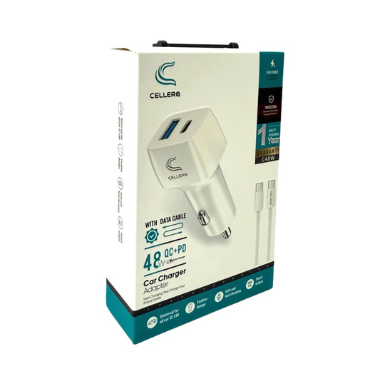 מטען רכב CELLERA GaN 48W PD+USB כולל כבל (iPhone / Type-C)