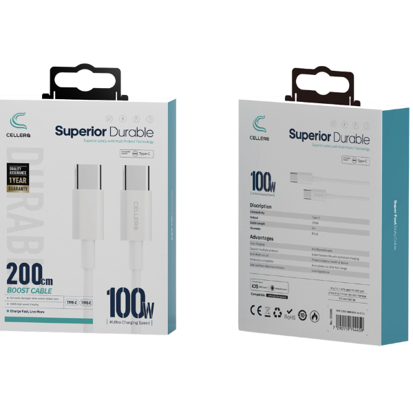 כבל טעינה מהיר 100W Type-C to Type-C – אורך 2M