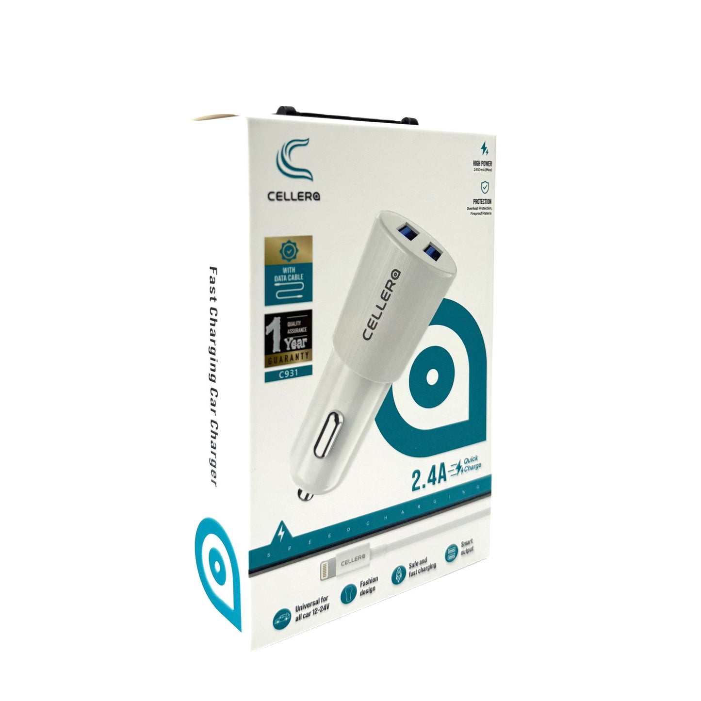 מטען רכב CELLERA 12W USB X2 כולל כבל (iPhone / Type-C)