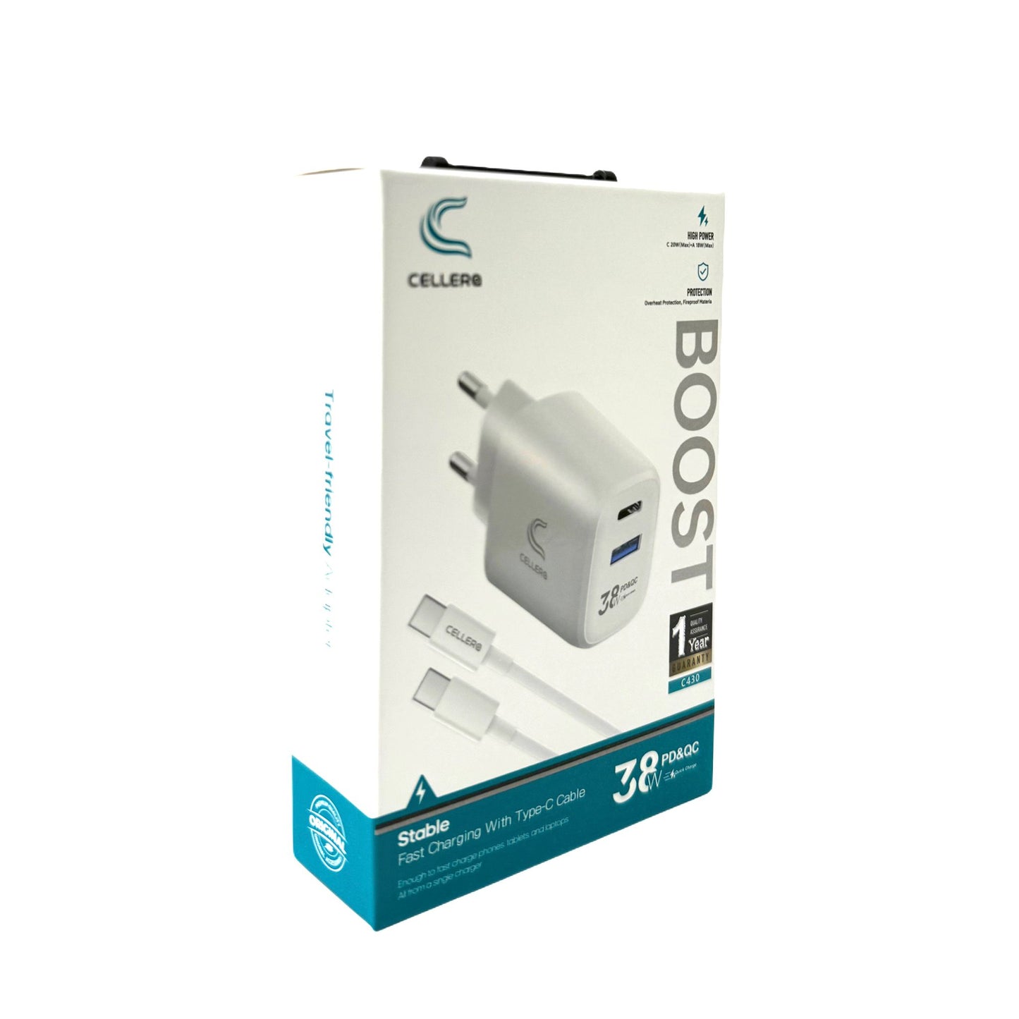 מטען קיר CELLERA GaN 38W PD+USB כולל כבל (iPhone / Type-C)