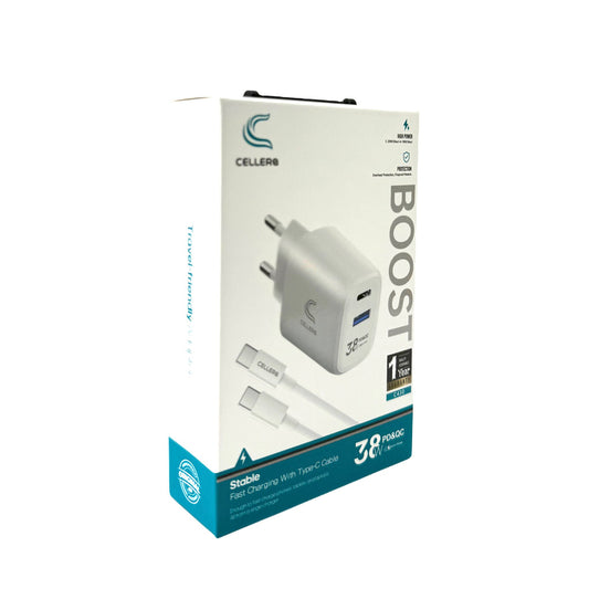 מטען קיר CELLERA GaN 38W PD+USB כולל כבל (iPhone / Type-C)