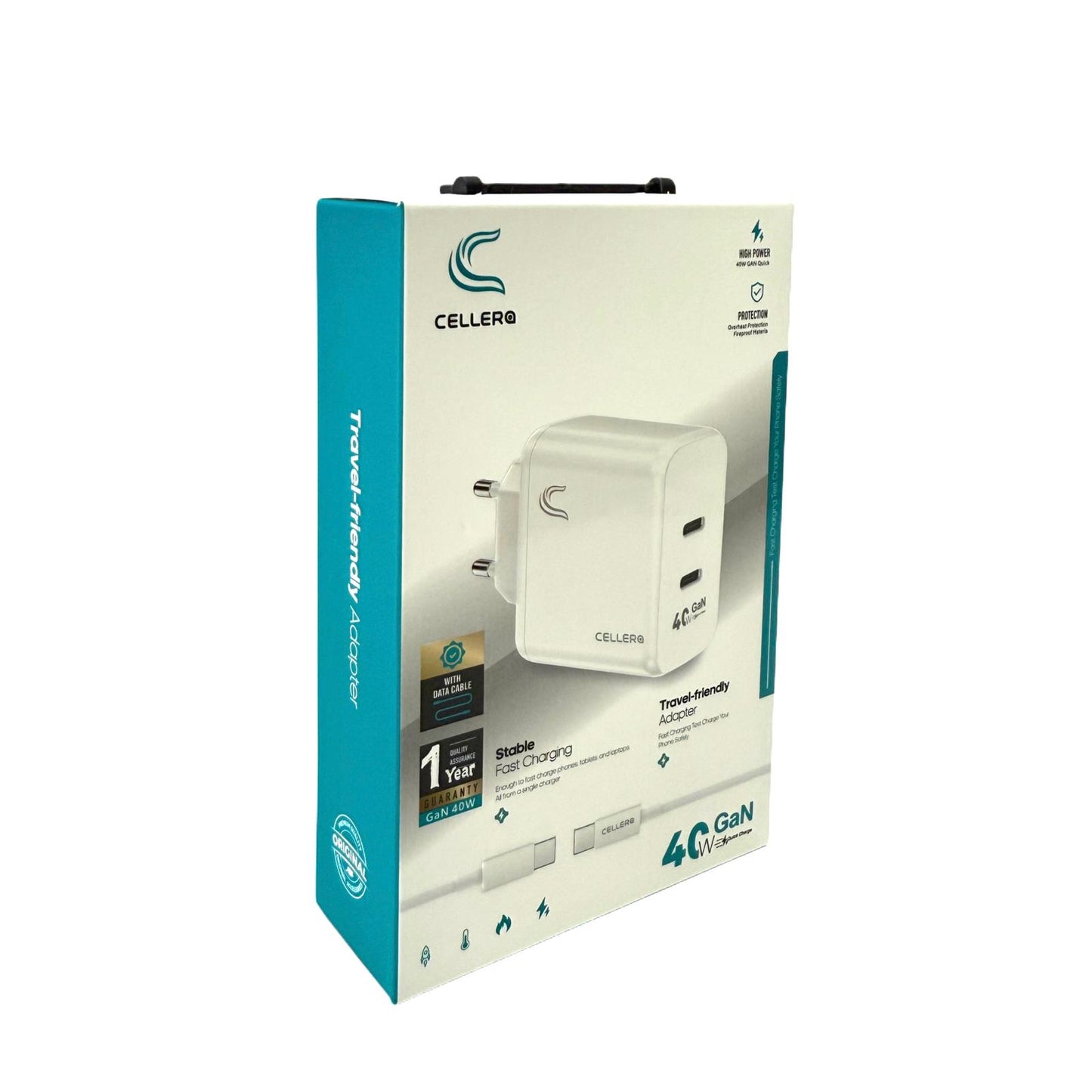 מטען קיר CELLERA GaN 40W PD+PD כולל כבל (iPhone / Type-C)