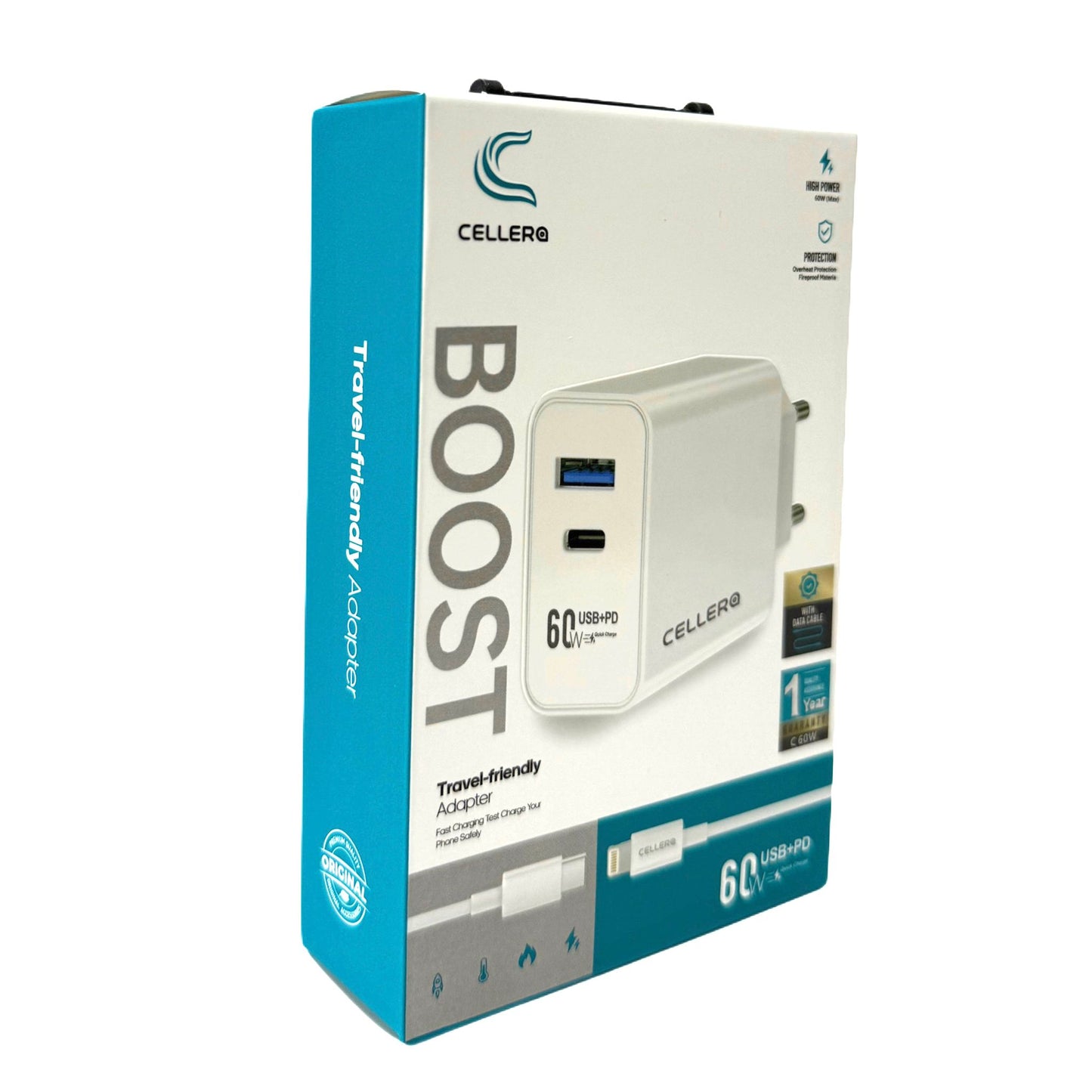 מטען קיר CELLERA GaN 60W PD+USB כולל כבל (iPhone / Type-C)