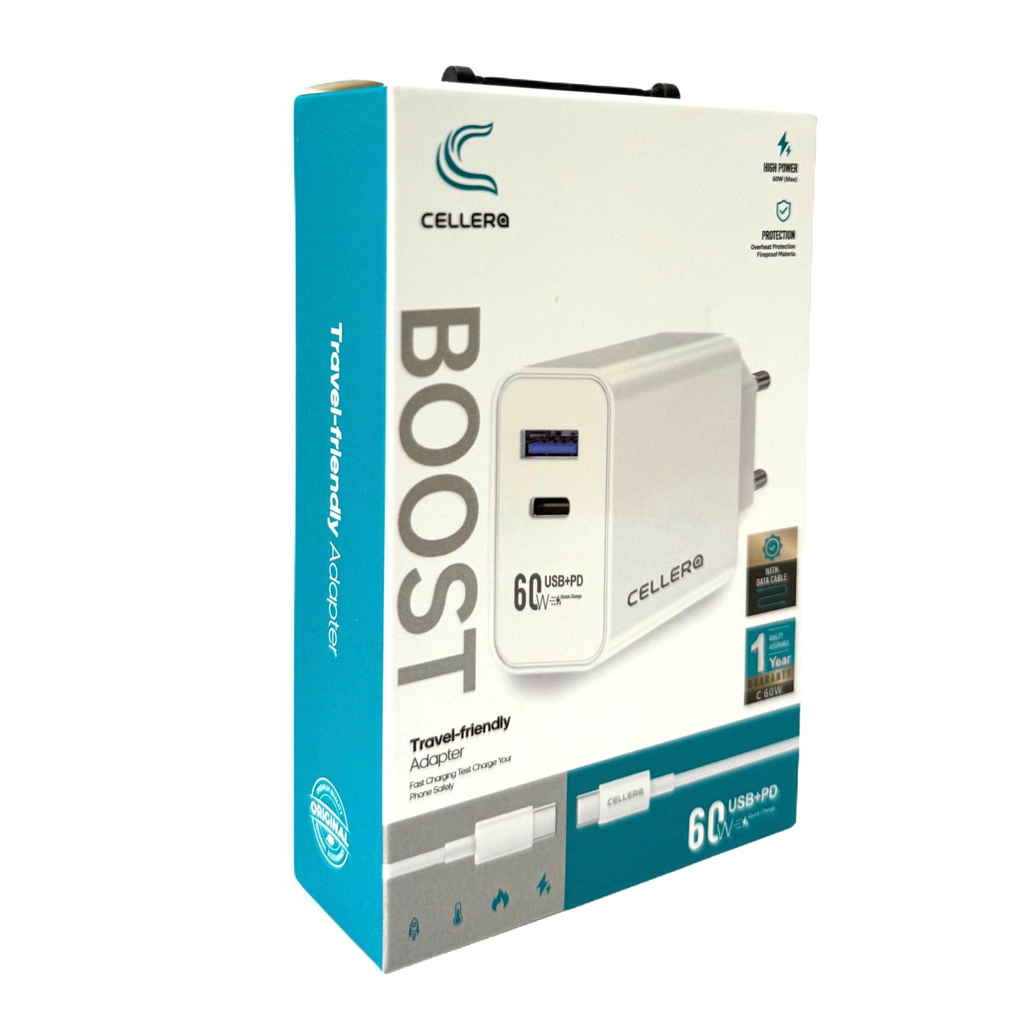 מטען קיר CELLERA GaN 60W PD+USB כולל כבל (iPhone / Type-C)