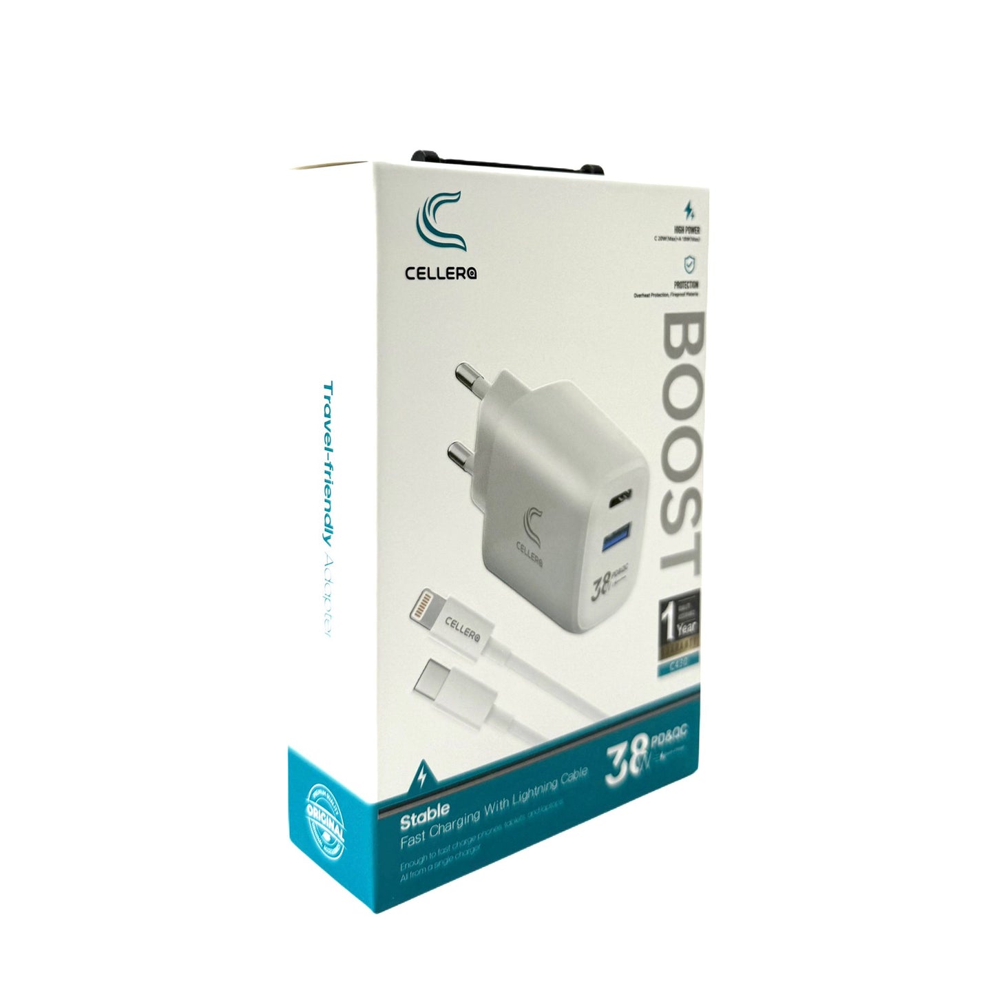 מטען קיר CELLERA GaN 38W PD+USB כולל כבל (iPhone / Type-C)