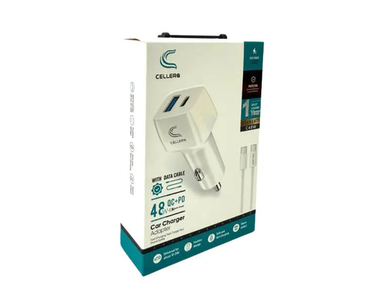 מטען רכב CELLERA GaN 48W PD+USB כולל כבל (iPhone / Type-C)