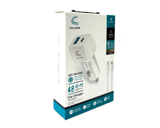 מטען רכב CELLERA GaN 48W PD+USB כולל כבל (iPhone / Type-C)